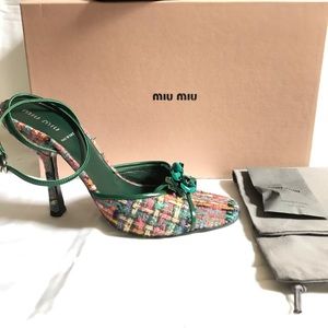 MIU MIU Tweed Flower Ankle wrap sandals size 10